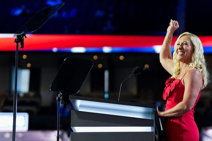 Representative Marjorie Taylor Greene (R-GA) raises her fist as she speaks on Day 1 of the Republican National Convention (RNC) at the Fiserv Forum in Milwaukee, Wisconsin, U.S., July 15, 2024. REUTERS/Elizabeth Frantz