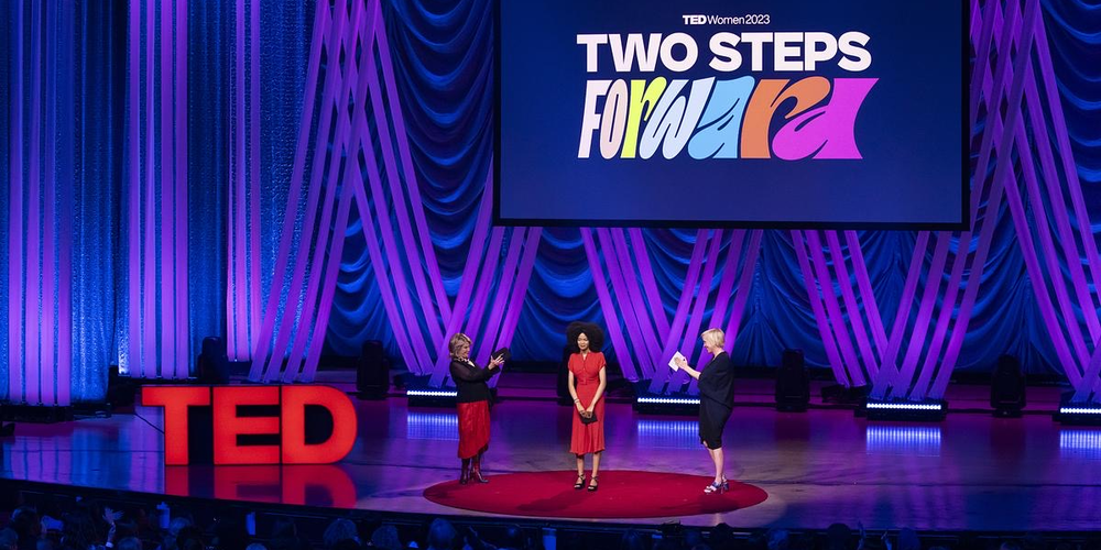 Hosts Pat Mitchell, Maya Penn and Helen Walters speak at TEDWomen on Oct. 11, 2023 in Atlanta.