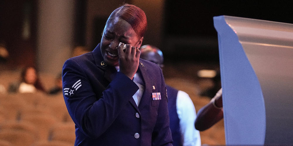 U.S. Air Force personnel stand near the coffin of slain airman Roger Fortson during his funeral at New Birth Missionary Baptist Church, Friday, May 17, 2024, near Atlanta. 