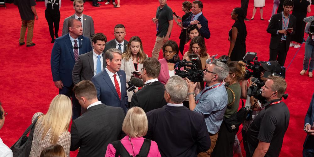 Georgia Governor Brian Kemp is interviewed at Georgia Tech's McCamish Pavilion on June 27, 2024.