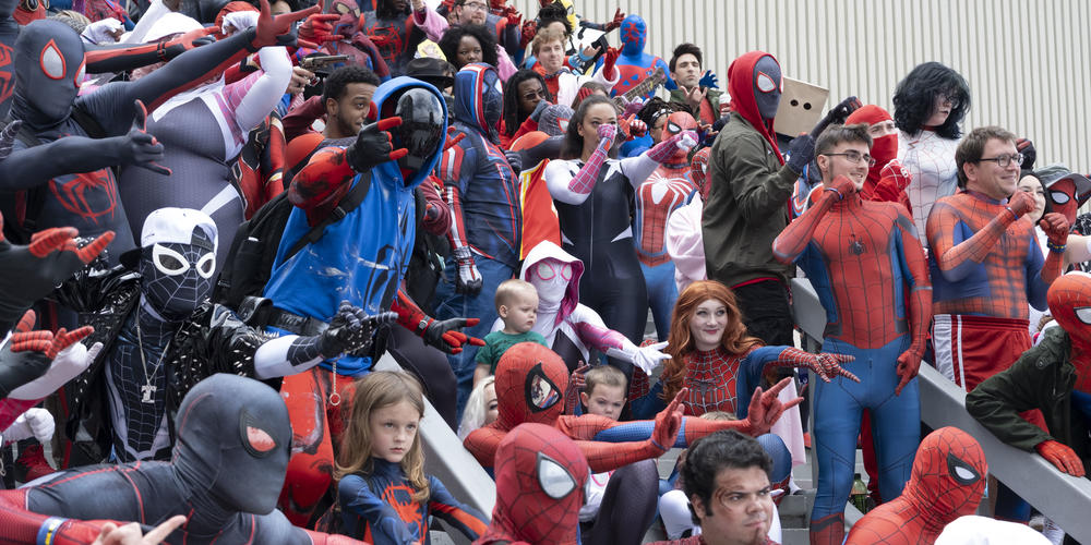 "Spider-Verse" cosplayers pose for a group photo op at Dragon Con on Sept. 1, 2024.