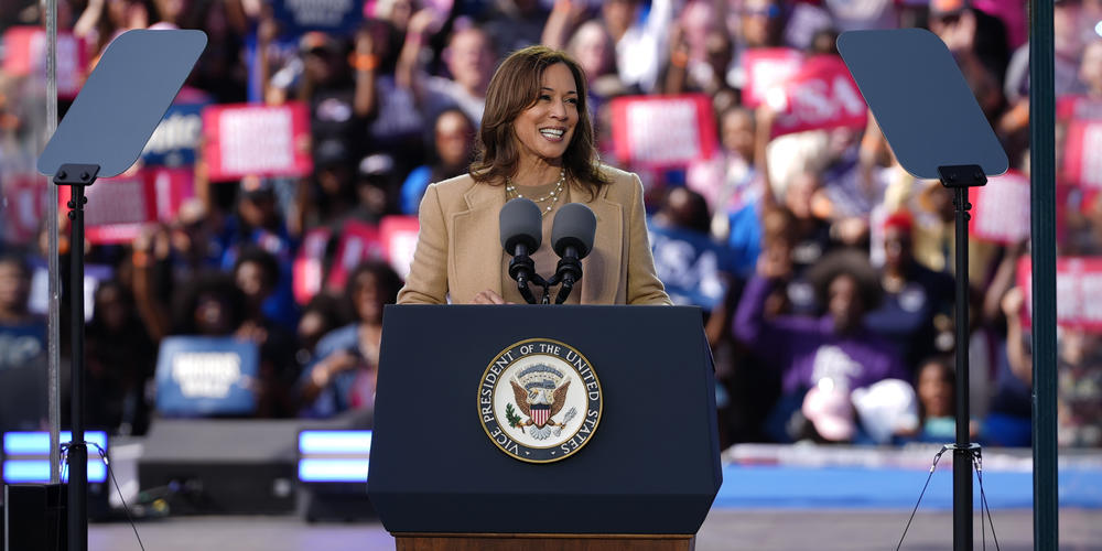 Vice President Kamala Harris speaks at a campaign rally outside the Atlanta Civic Center on Nov. 2, 2024.