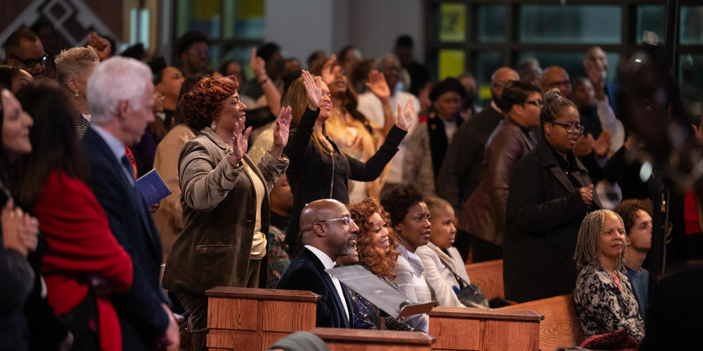 Attendees including Dr. Bernice King and Sen. Rev. Raphael Warnock are pictured in the audience at the King Celebration Concert at Ebenezer Baptist Church on Jan.4, 2025.