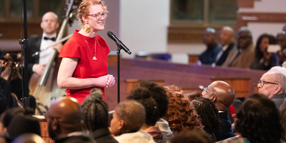 Atlanta Symphony Orchestra Executive Director Jennifer Barlament speaks at the King Celebration Concert at Ebenezer Baptist Church on Jan.4, 2025.